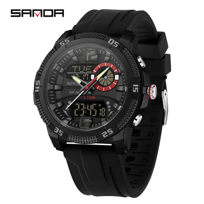 Montres de luxe pour homme SANDA Fashion : montre-bracelet à quartz analogique et numérique, style sportif, décontractée, étanche, avec chronographe en silice