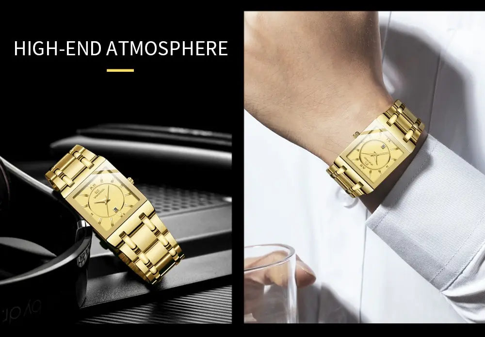 Herenzakelijk horloge, eenvoudig ontwerp, luxe mode, rechthoekig, zwart-goud, roestvrij staal, kalender, waterdicht, quartz, herenhorloges