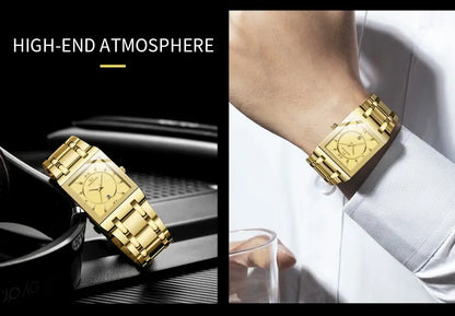Herenzakelijk horloge, eenvoudig ontwerp, luxe mode, rechthoekig, zwart-goud, roestvrij staal, kalender, waterdicht, quartz, herenhorloges