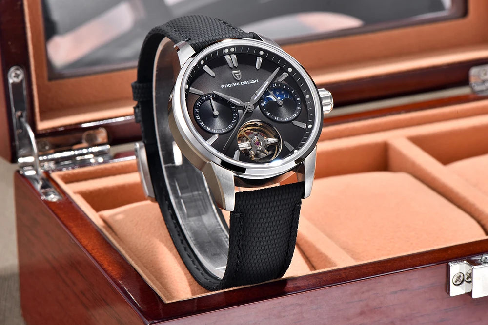PAGANI DESIGN – Luksuzna mehanska ura za moške, 41 mm, safirno steklo, usnjena zapestnica, vodotesna, v pilotskem slogu, s turbijonom in prikazom lunine faze