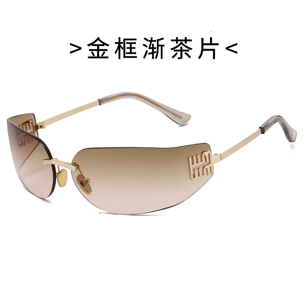 High End Sunglasses Women Rimless Curved Sun Glasses for Eye Protection and Sunscreen Travelling Hiking Shades Gafas