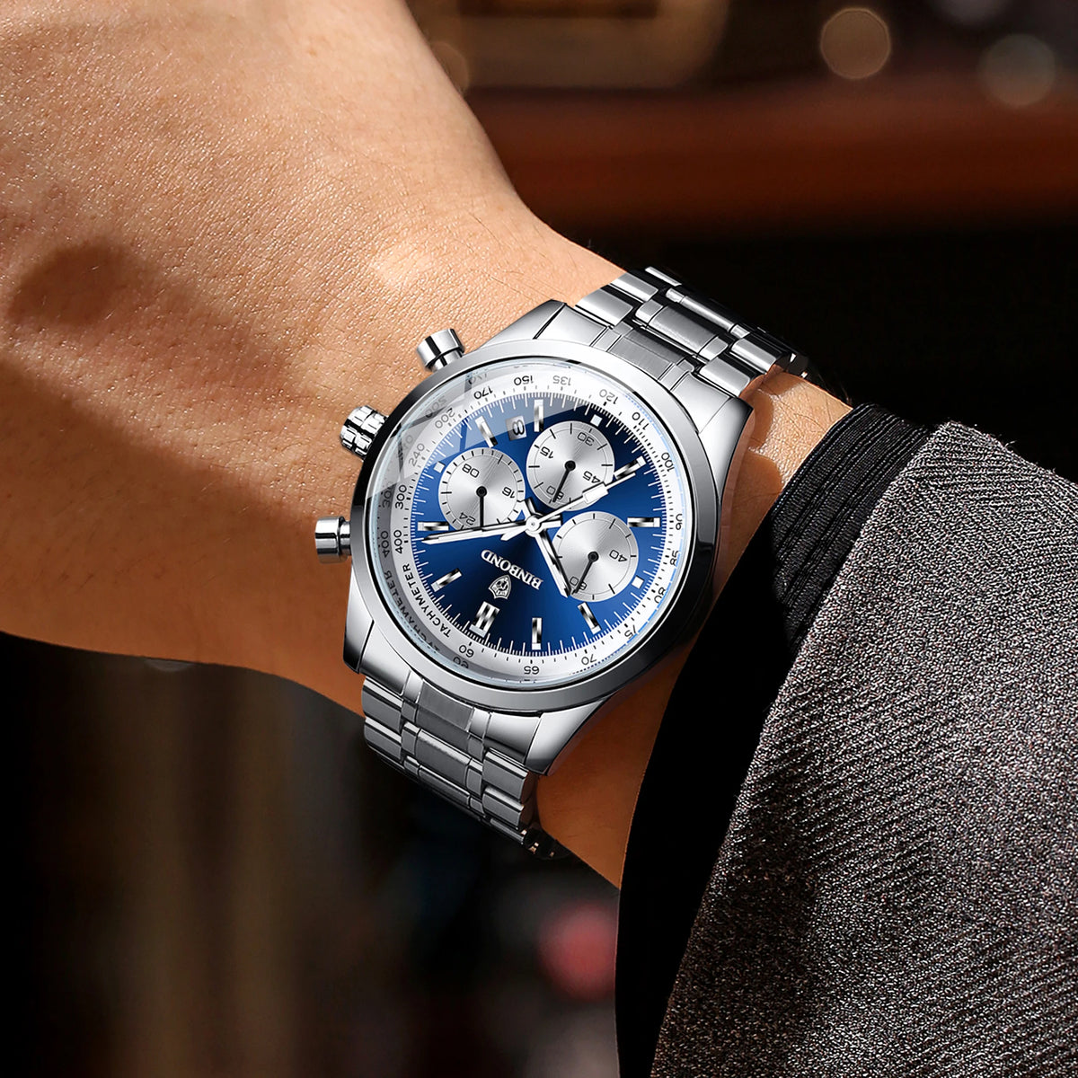 Orologio al quarzo BINBOND da uomo, elegante, robusto e preciso, con data automatica, cronografo, luminescente e impermeabile. Stile casual.