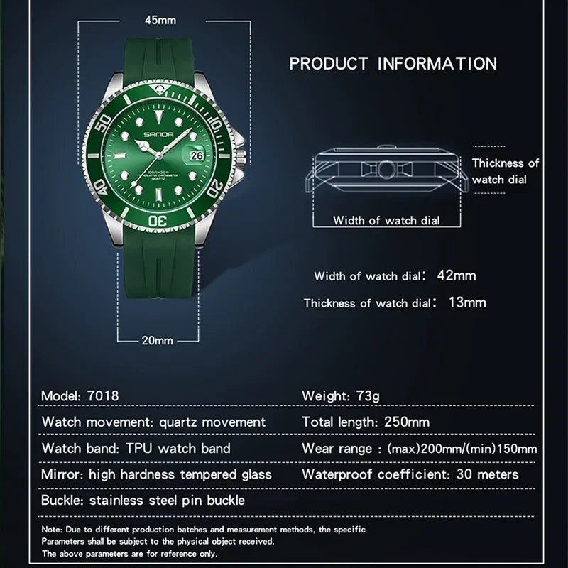 SANDA 7018 Montre à quartz pour homme très vendue Montres de sport pour homme Montre de luxe étanche en silicone Montre à quartz pour homme Relogio Masculino