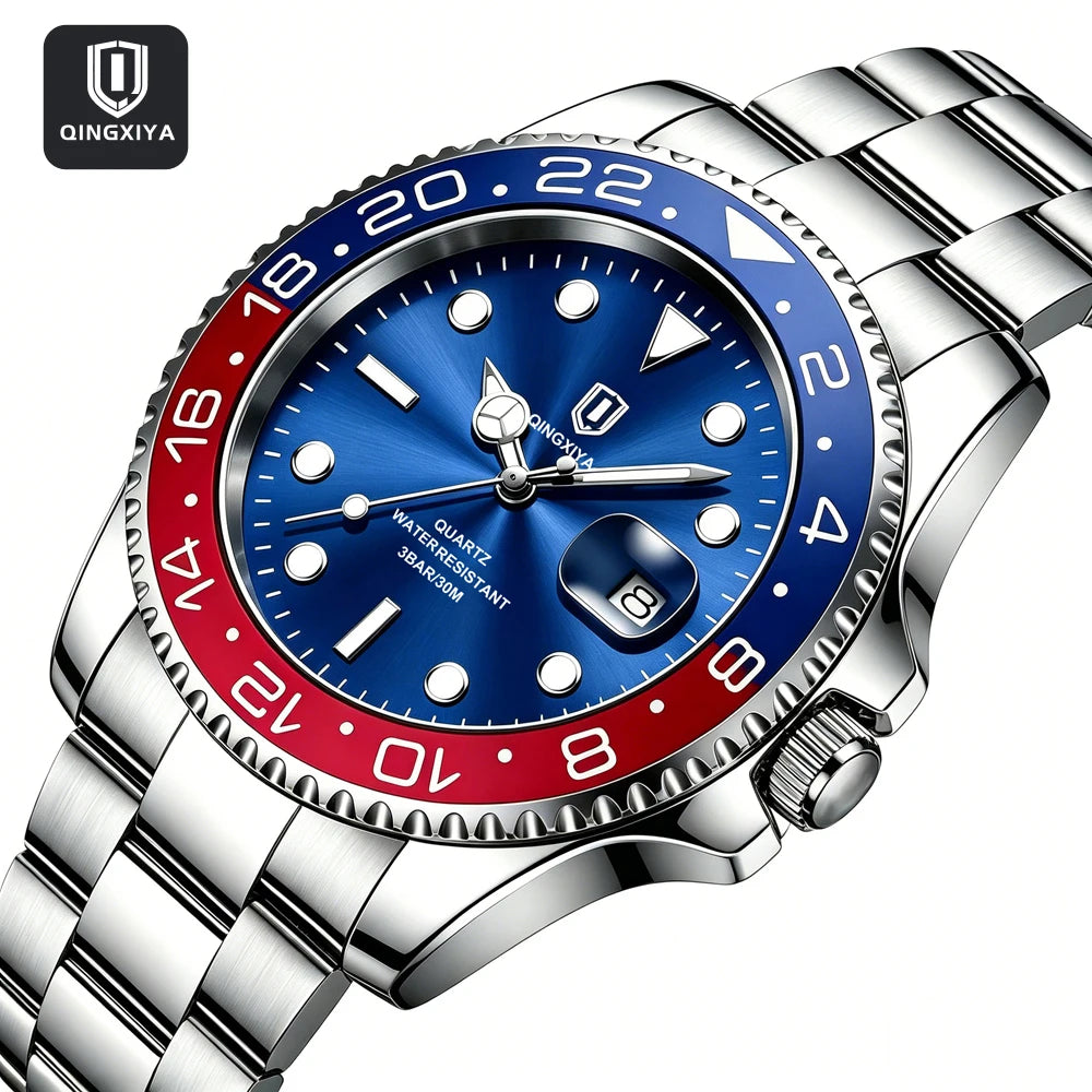 QINGXIYA Montres de luxe à quartz pour homme en acier inoxydable, étanches, avec date luminescente, montre-bracelet pour homme, reloj hombre