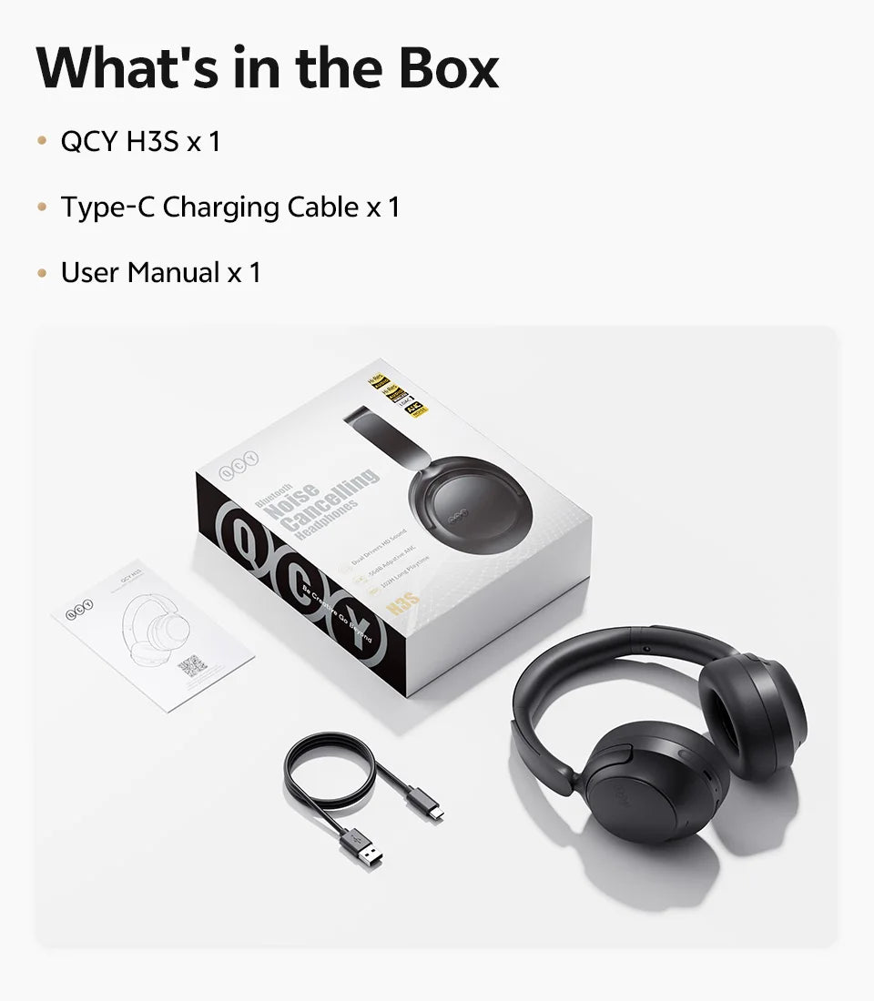 QCY H3S ANC Over Ear Headphones -56dB Noise Cancelling Headsets Bluetooth 6.0 Hi-Res LDAC Spatial Sound Earphones Dual Driver