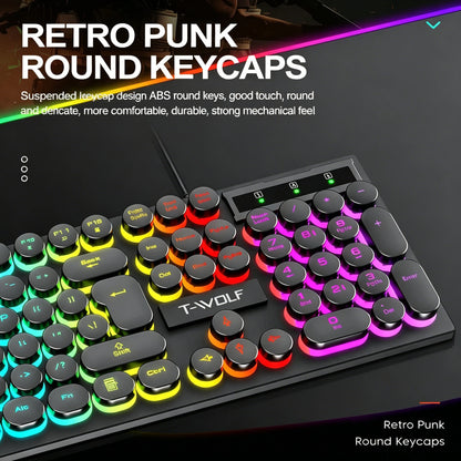 Typewriter style Mechanical feel Gaming Keyboard, Wired, RGB Backlit, Round Keycaps Mouse and Keyboard Bundle Waterproof 104-Key