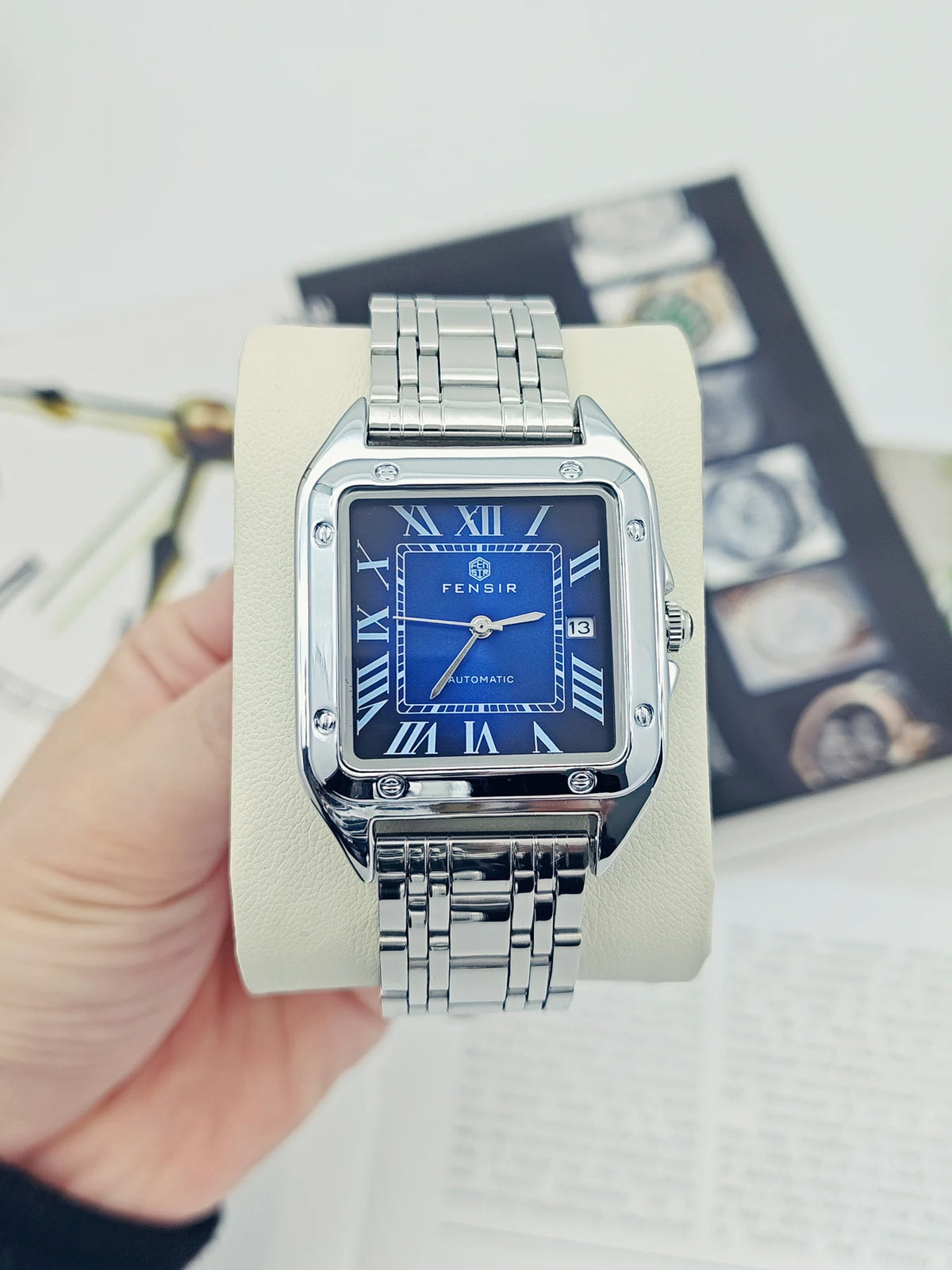 Montre carrée pour homme — Bracelet en acier inoxydable, affichage de la date