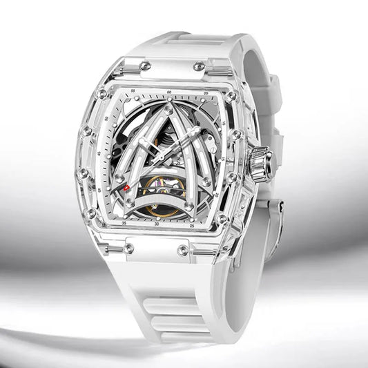 PINDU Designer Hollow Tonneau Mechanical Watch Men Luxury Brand Skeleton Automatic Watches Mens Sport Silicone Wristwatch JH3105