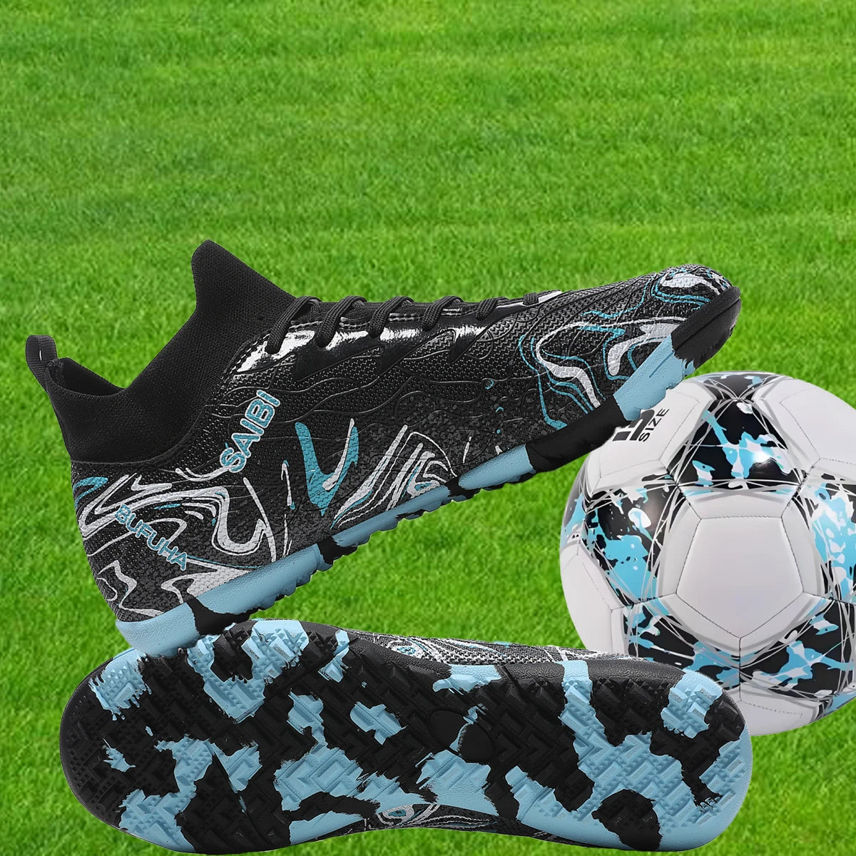 Chaussures de football, sneakers, chaussures de soccer, au-dessus de la cheville mais pas jusqu'au genou, semelle antidérapante à crampons.