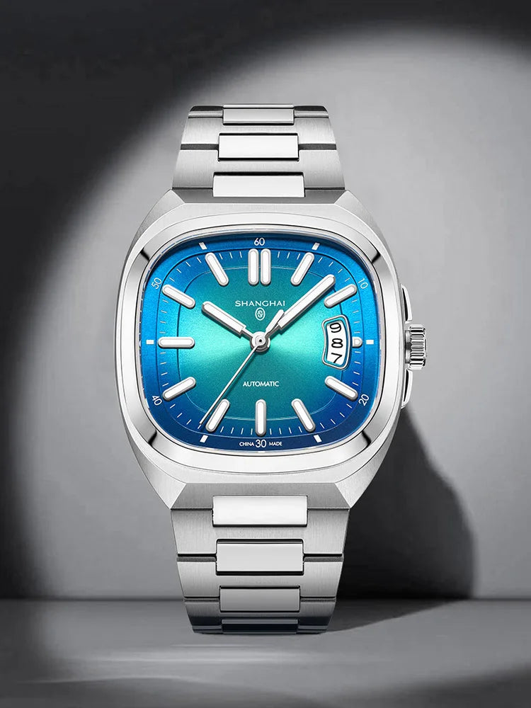 Montre pour homme Shanghai Watch, mécanique automatique, cadran carré, luminescente, étanche jusqu'à 50 m, affichage de la date, montre-bracelet décontractée SH018