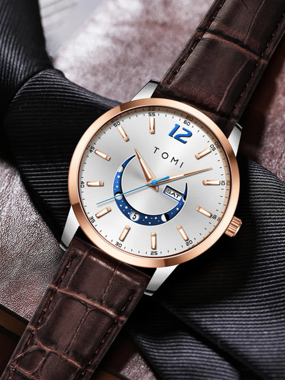 TOMI-kvartsur, elegant i affärsstil, med läderarmband, boett i legering och urtavla med visare – Exklusiv design, presentidé för män