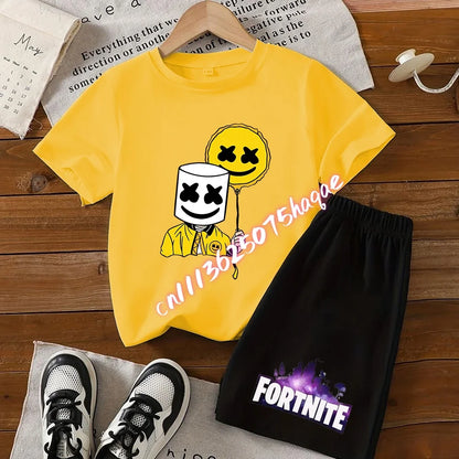 Sommer-Fortnite-T-Shirt und Shorts für Jungen und Mädchen, 2-teiliges Kinder-Set mit Oberteil und Hose, Fortress-Night-Print, Geschenk