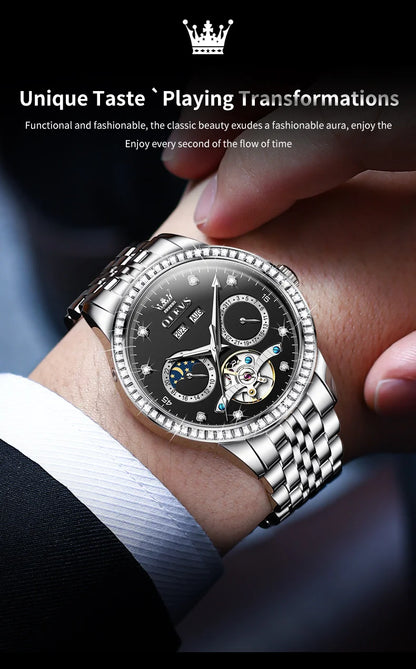 OLEVS 7016 Automatic Man Watch Stainless Steel Diamond Bezel Skeleton Flywheel Moon Phase Luminous Waterproof Mechanical Watches