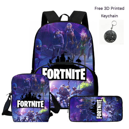 FORTNITE 3Pcs Lightweight Backpack With Front Pocket,Crossbody Bag&Pencil Case For Age 6-10 Boys Girls,Free 3D Printed Keychain