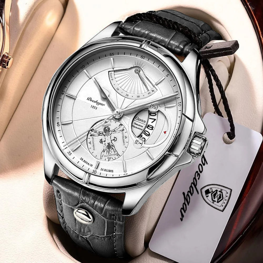Orologio da polso al quarzo POEDAGAR da uomo – Stile business, di lusso, impermeabile, luminescente, con datario e cinturino in pelle – Elegante orologio da uomo