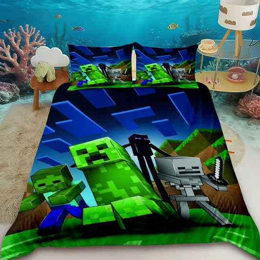 Cartoon Children Duvet Cover Minecraft Cartoon Quilt Cover Bedding Set Queen King Full Size with 1/2 Pillowcase Bedroom