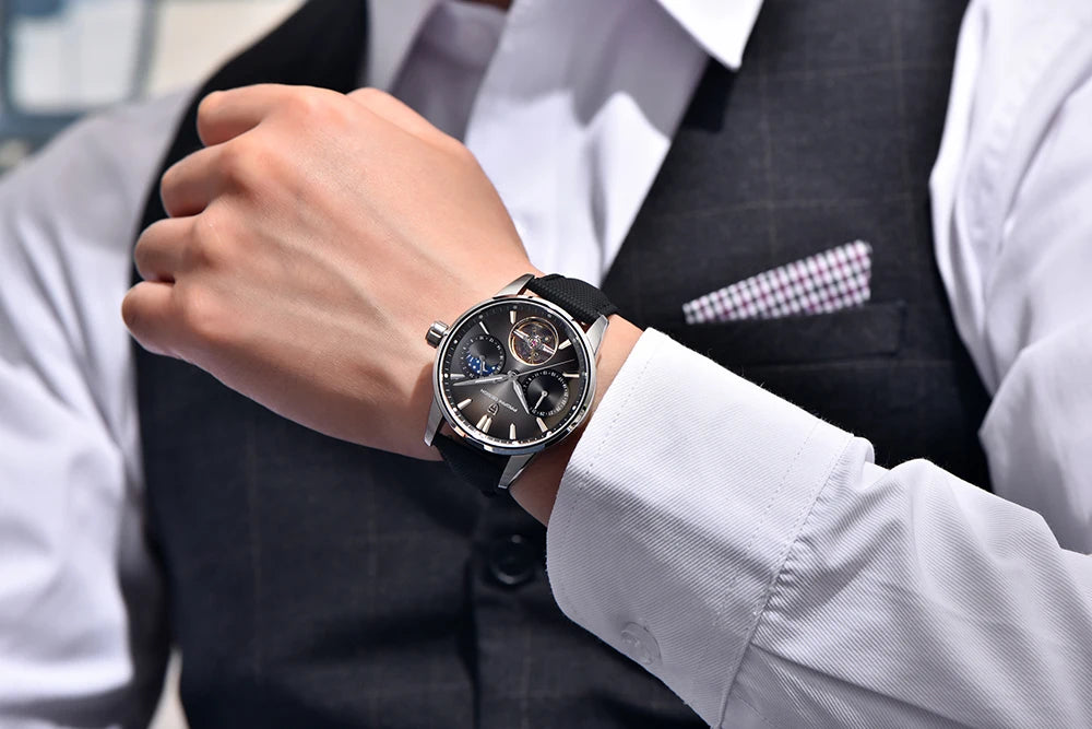 PAGANI DESIGN – Luksuzna mehanska ura za moške, 41 mm, safirno steklo, usnjena zapestnica, vodotesna, v pilotskem slogu, s turbijonom in prikazom lunine faze
