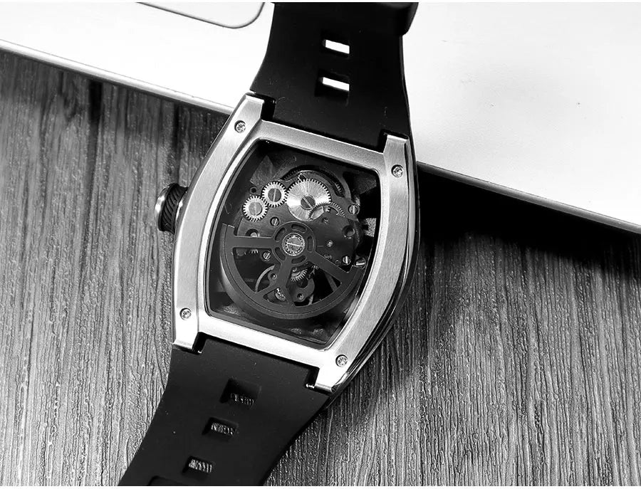 Reloj de pulsera MINI FOCUS para hombre, negro, a la moda, resistente al agua, mecánico automático, con manecillas luminosas, correa de silicona y esfera tonneau