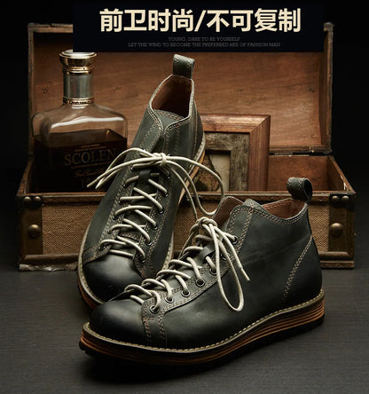 KOWM Cowhide Hiking Shoes Men's Walking Boot British Trekking Shoes Thick-Soled Cowhide High-Top Motorcycle Boots Ankle Sneakers