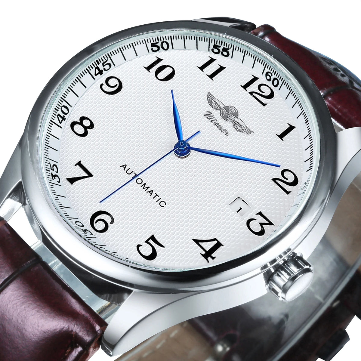 Orologio da uomo WINNER – Stile classico, retrò ed elegante – Orologio meccanico a carica automatica con calendario – Marchio di lusso, cassa in acciaio e cinturino in pelle