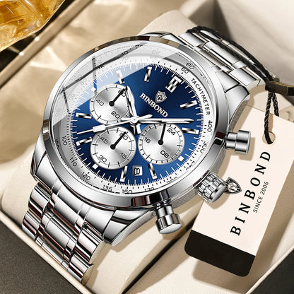 Orologio al quarzo BINBOND da uomo, elegante, robusto e preciso, con data automatica, cronografo, luminescente e impermeabile. Stile casual.