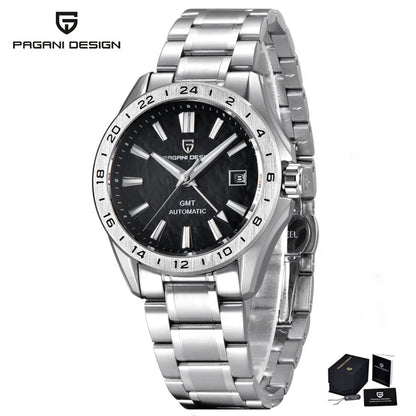Pagani Design Men's Luxury GMT Automatic Watch Stainless Steel Case Sapphire Glass 100m Waterproof Mechanical Business Watch