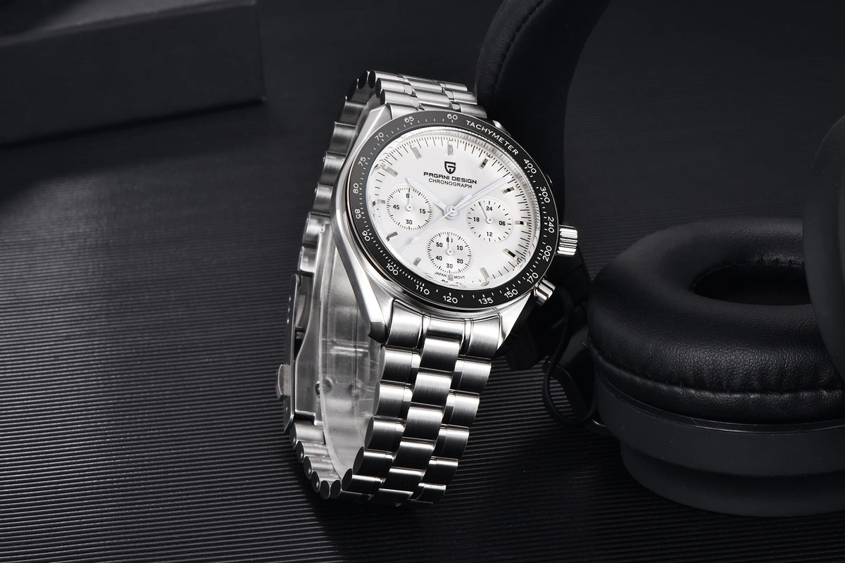 Orologio da uomo PAGANI DESIGN «New Moon» – Orologio al quarzo di lusso, cronografo, vetro zaffiro con trattamento antiriflesso, lunetta in ceramica, lancette luminescenti