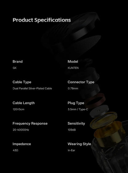 Kz Gk Kunten 1DD Dynamic Drive Earphone Hifi IEMs in ear Earbuds 2pin Detachable Cable Metal Gamer Audiophile headset
