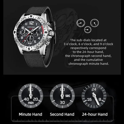 NORTH EDGE  Men's Watches Solar Power 316 stainless steel Case Quartz Watch For Men Pilot Waterproof 50M Stopwatch