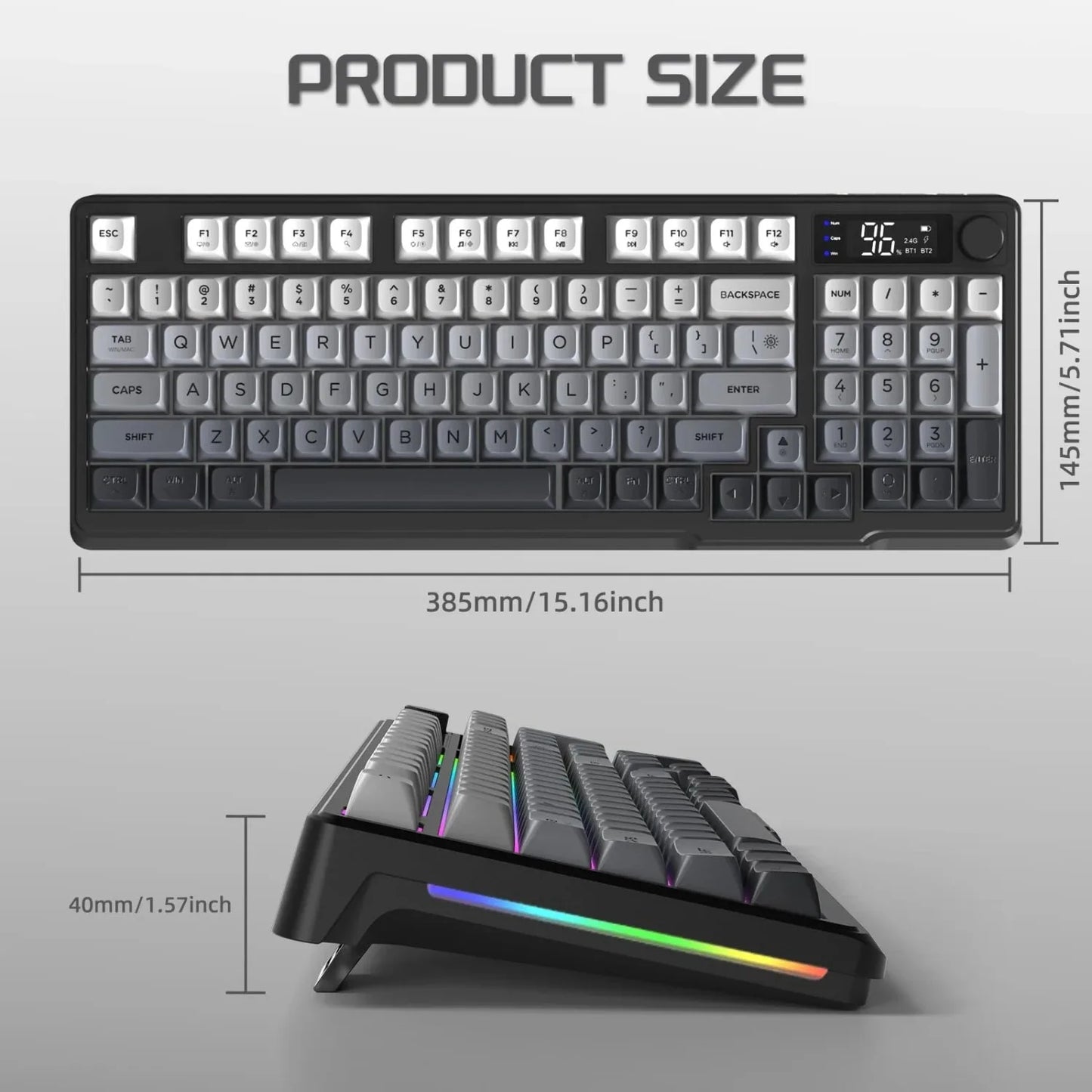 FREEWOLF M96 Wireless Keyboard Knob Control BT/2.4g/Wired,RGB LED Backlight Display,Pbt Keycap,3000mA Battery for PC/Laptop
