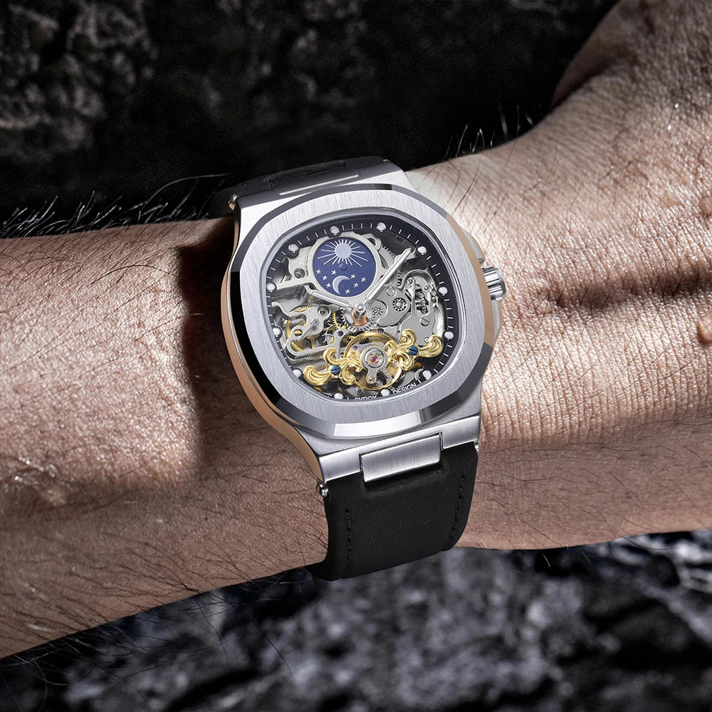 2025High-end Luxury SKROX Square Man Watch Sapphire Tourbillon Steel Skeleton Moon Phase Automatic Movement Leather Male Watches