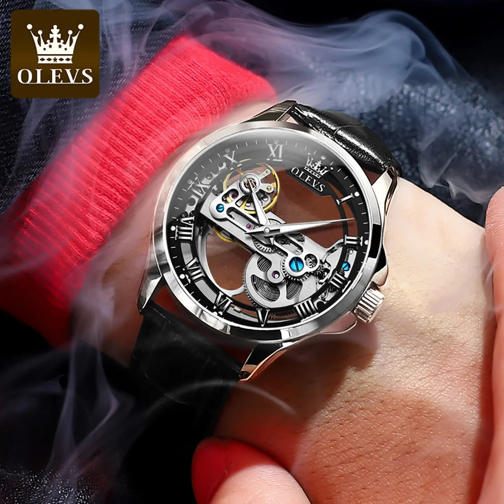 Orologio meccanico automatico da uomo OLEVS 6661 – Modello scheletrato completamente trasparente con rotore a vista, cinturino in pelle, orologio di lusso originale da uomo