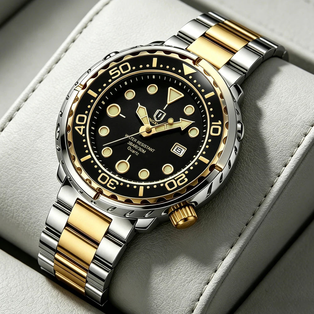 Montres pour homme QINGXIYA : montres de luxe à quartz pour homme, tendance, étanches, luminescentes, avec date et cadran rotatif, en acier inoxydable