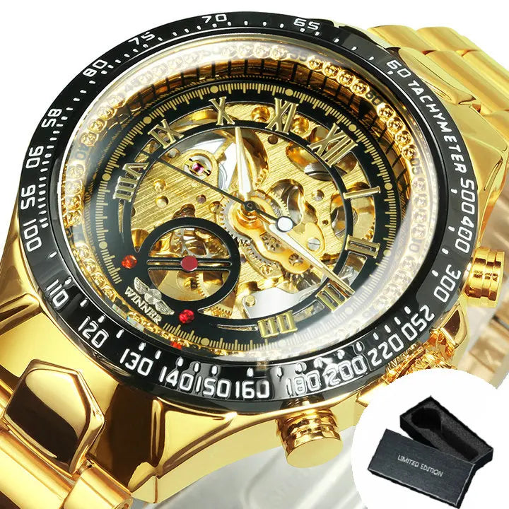 Automatikuhr für Herren WINNER – Transparentes Skelettmodell, leuchtende Zeiger, Edelstahlarmband, mechanische Uhr einer Luxusmarke