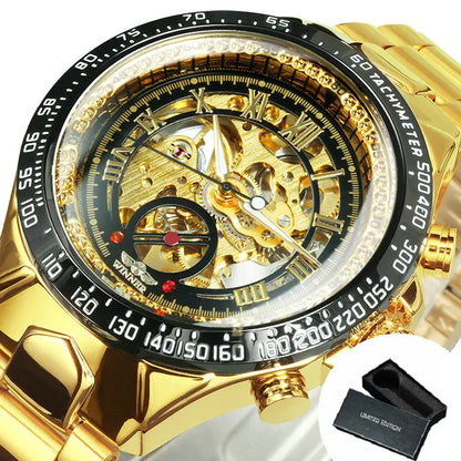 Automatikuhr für Herren WINNER – Transparentes Skelettmodell, leuchtende Zeiger, Edelstahlarmband, mechanische Uhr einer Luxusmarke