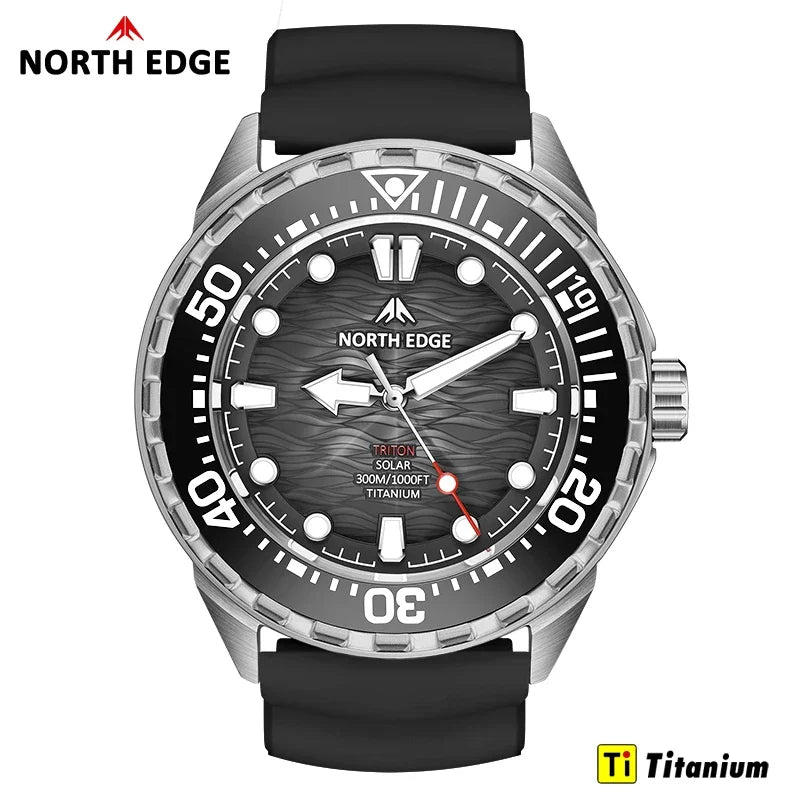 NORTH EDGE NEW+ TRITON-TI Titanium Solar-Powered Diving Watch Luxury Quartz Watches for Men 300M Waterproof 180+ Day Power