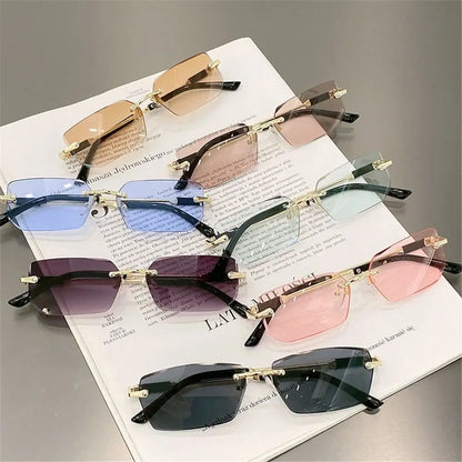 Trendy Rimless Sunglasses for Women Men Rectangle Fashion Shades Small Square UV400 Sun Glasses For Female Male Traveling Oculos