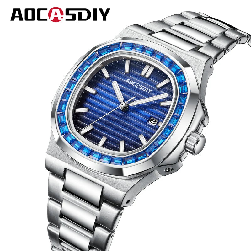 AOCASDIY Montre de luxe professionnelle étanche pour homme, date luminescente, acier inoxydable, carrée, à quartz, reloj hombre