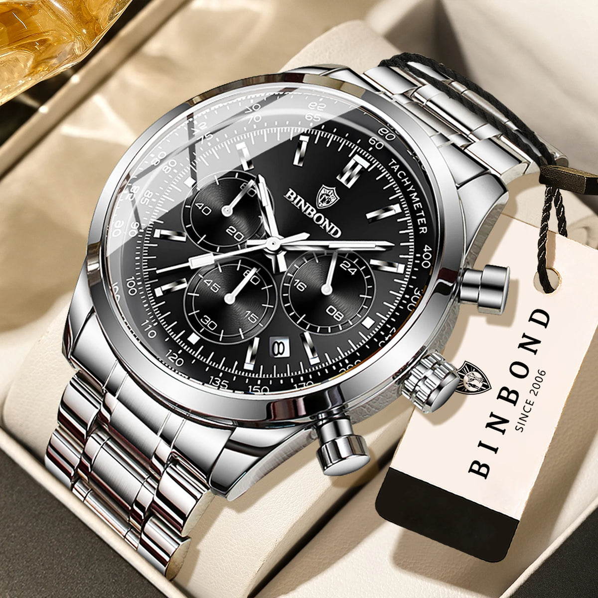 Orologio al quarzo BINBOND da uomo, elegante, robusto e preciso, con data automatica, cronografo, luminescente e impermeabile. Stile casual.