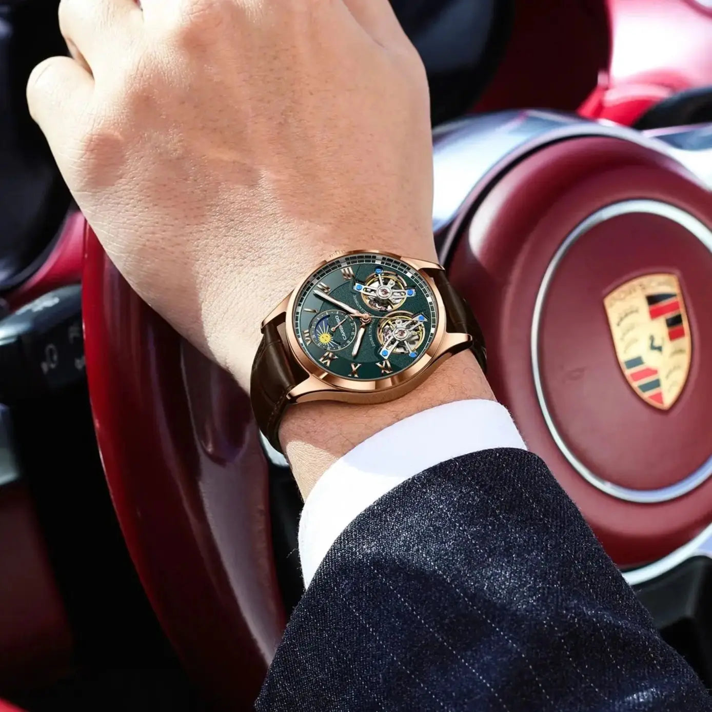 CAREKISO Fashion Men Clock Double Hollow Tourbillon Automatic Mechanical Man Watch Waterproof Luminous Leather Men's Watches+Box
