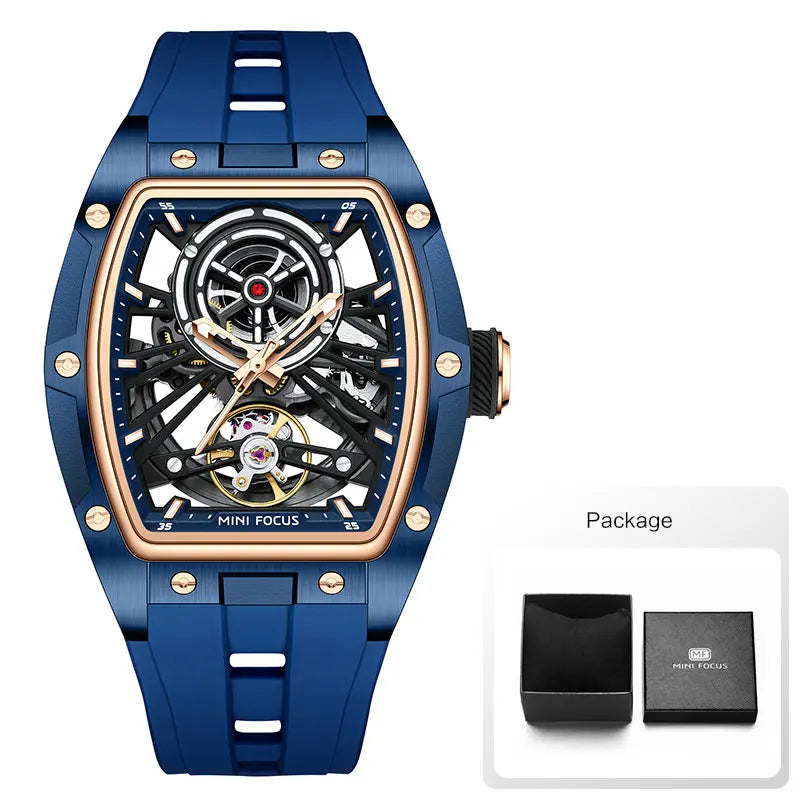 Reloj de pulsera MINI FOCUS para hombre, negro, a la moda, resistente al agua, mecánico automático, con manecillas luminosas, correa de silicona y esfera tonneau