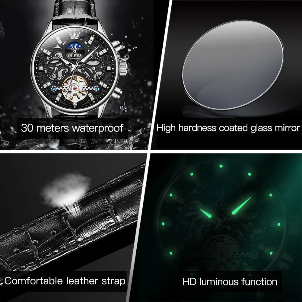 OLEVS 6658 Automatic Mechanical Watch for Man Leather Strap Waterproof Moon Phase Business Dress Men's Watches