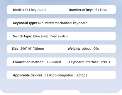 APAYADO K61 Mini 60% Gaming Keyboard 61-Key, Wired, Portable, RGB Lighting, Red/Blue Switch, Black/White/Red Colors