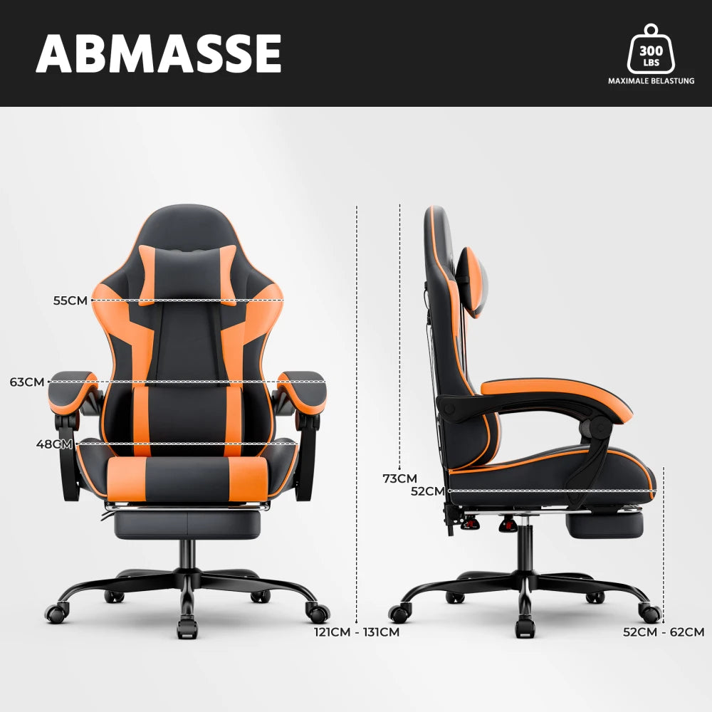 Gaming Chair Ergonomic Gaming Armchair with Lumbar Support, Breathable Pu Leather Office Chair, Comfortable Computer Chair, Load Capacity 200kg, Adjustable Seat Height and Backrest, Black-Orange