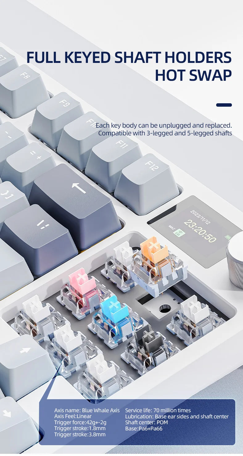 ATTACK SHARK K86 Mechanical Keyboard with Metal Knob, TFT Smart Color Screen, 87-key Layout, RGB Lighting, and Three-mode Connection