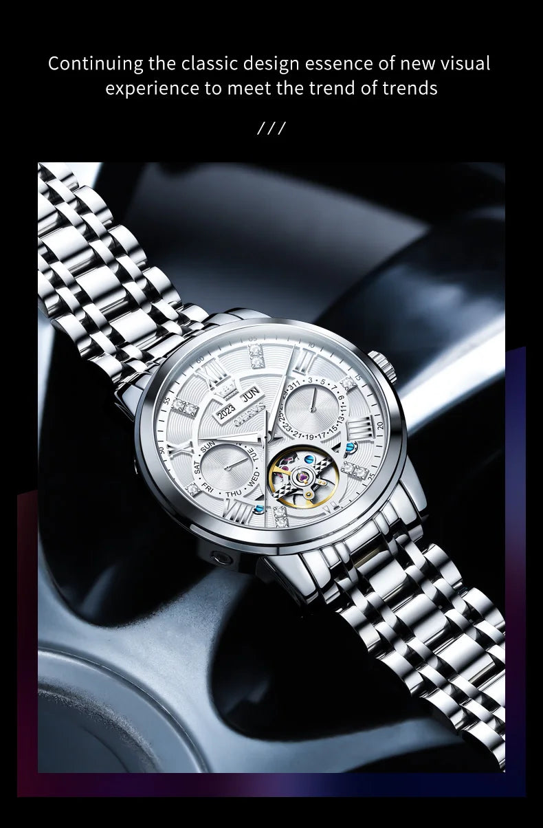 OLEVS Men's Watches Skeketon Flywheel Automatic Mechanical Original Wristwatch for Man Waterproof Luminous Perpetual Calendar