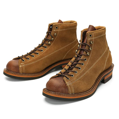 KOWM Cowhide Hiking Shoes Men's Walking Boot British Trekking Shoes Thick-Soled Cowhide High-Top Motorcycle Boots Ankle Sneakers