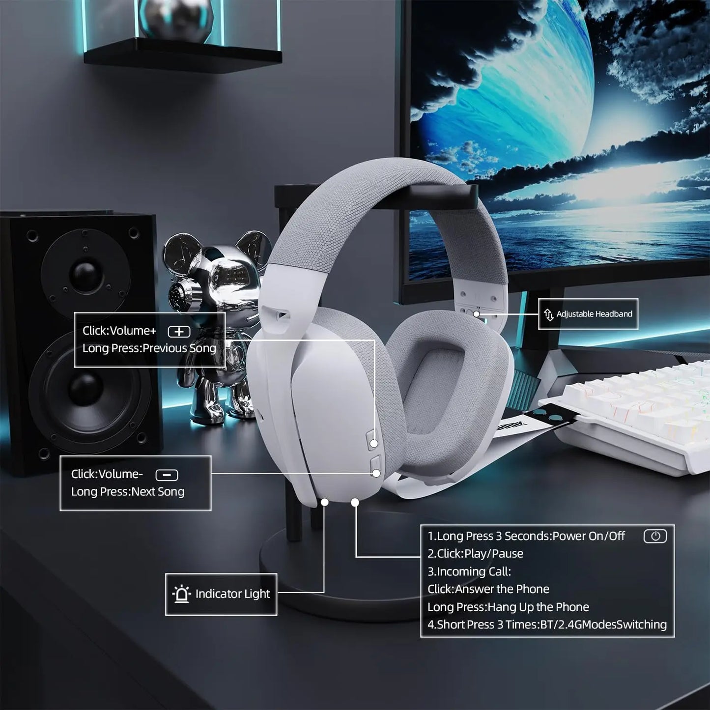 ATTACK SHARK L80PRO Wireless Gaming Headset Lightseed Tech- Built-in&Detachable Dual Microphone-Lightweight Headphone-Tri-Mode