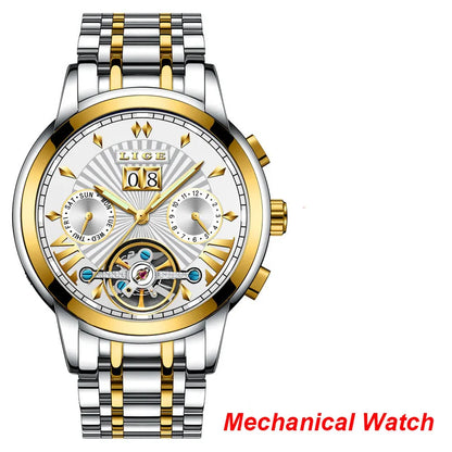 Męskie zegarki mechaniczne z automatycznym mechanizmem marki LIGE – luksusowy zegarek z najwyższej półki z tourbillonem, elegancki i wodoodporny, idealny do pracy lub na uroczyste okazje.