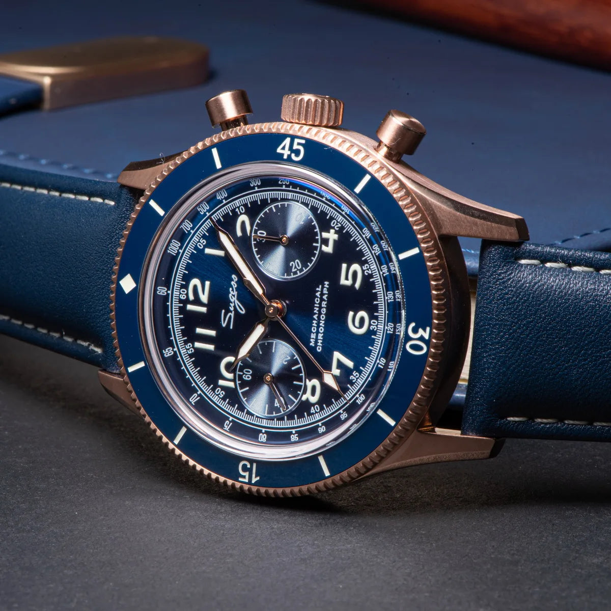 Sugess Watch 1963 Men Watches ST1901 Chronograph Luminous Mechanical Wristwatches Waterproof Crystal Sapphire Italian Leather